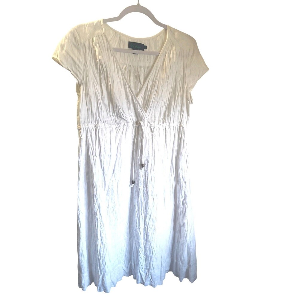 Boden V-neck 100% Linen White Midi Dress size 12 Cottage Coastal BOHO Beachy